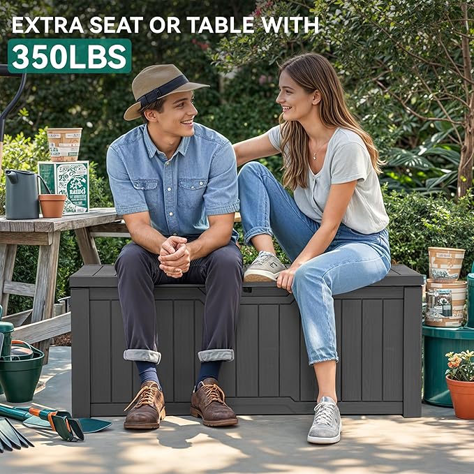 YITAHOME Outdoor Storage Box, 120 Gallon Waterproof Deck Box for Garden Tools, Patio Cushions, and Pool Accessories, Lockable, Easy Assembly, Versatile Bench or Table (Dark Gray)