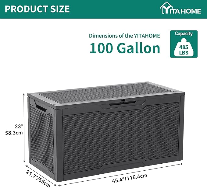 YITAHOME 100 Gallon Large Resin Deck Box Outdoor Storage Boxes for Patio Furniture, Outdoor Cushions, Garden Tools and Pool Supplies-Waterproof,Lockable (Dark grey)