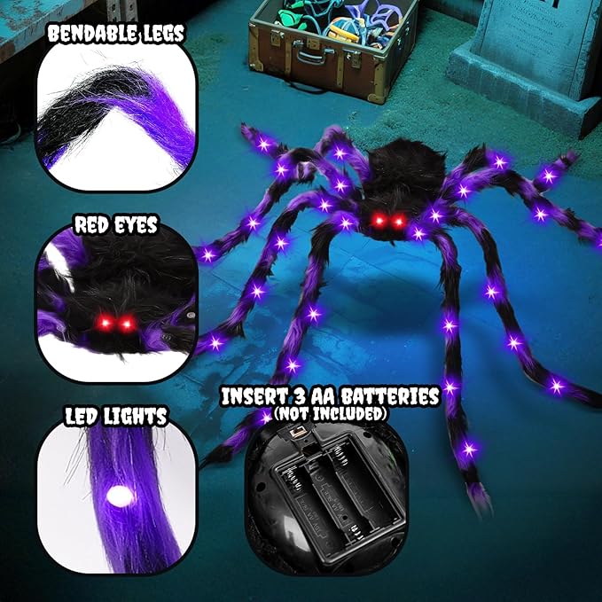 2 Pack 50" Halloween Light Up Spiders, Giant Hairy Spider Decorations with Green and Purple LED Lights, Scary Outdoor Indoor Halloween Decor for Yard, Porch, Tree, Party, Haunted House