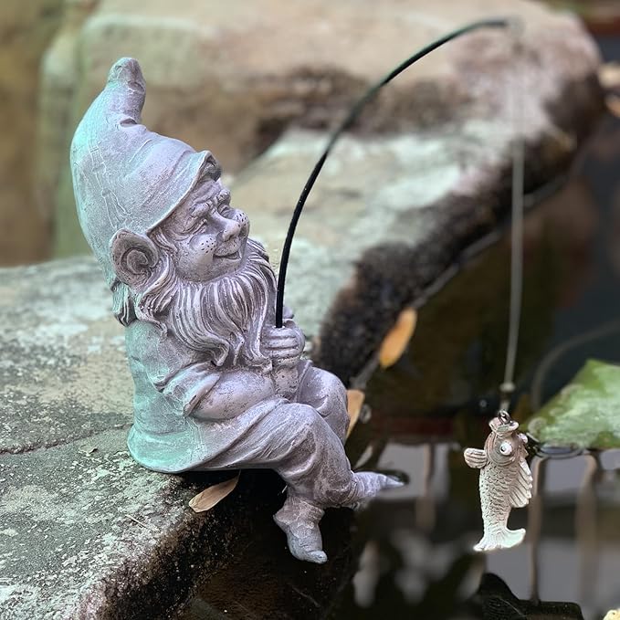 Garden Gnome Pond Statue Decoration, Fishing Gnome Garden Statue Outdoor Koi Pond or Waterfall Decor, 9.7" Stone Gnome Fishing Poolside Statue, Elf Pond Statue, Great Gifts & Housewarming for Mom