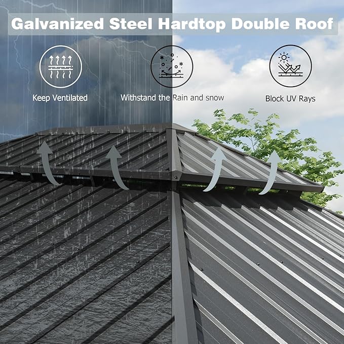 Domi Hardtop Gazebo 10x12FT, Aluminum Outdoor Gazebo with Galvanized Steel Double Roof Canopy, Curtains and Netting Included, Metal Gazebo Permanent Pavilion for Patio, Lawn, Garden, Gray