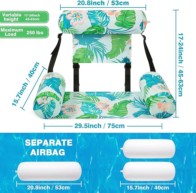 WERNNSAI Inflatable Pool Chair Float for Adults - 2 Pack Fabric Hammock Adjustable Floating Lounge Chairs for Swimming, Beach, Lake