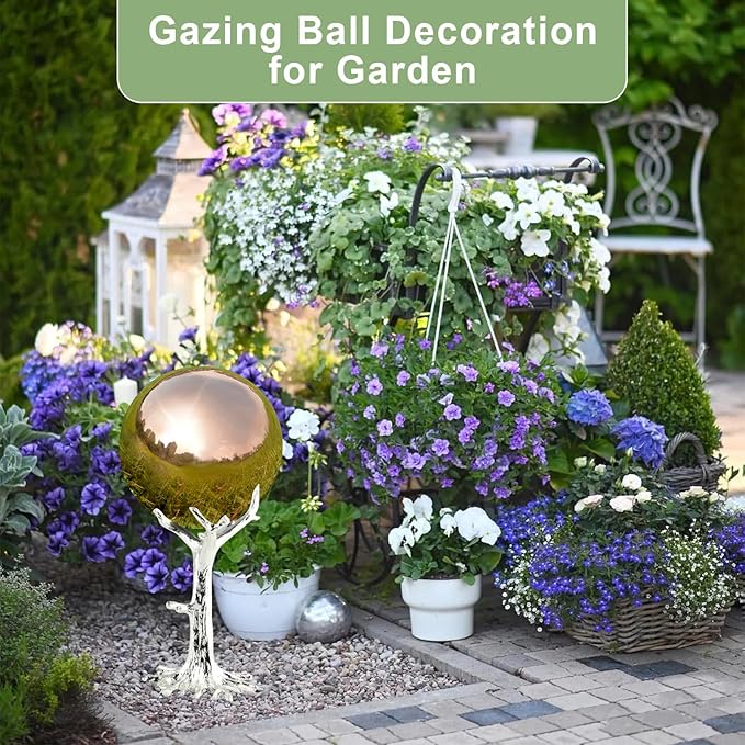 Nerien 12inch Gazing Ball, Stainless Steel Garden Mirror Globe, Polished Ornament Sphere, Hollow Floating Reflective Hemisphere, Home Outdoor Pond Housewarming Swimming Pool Decoration Gift, Rose Gold