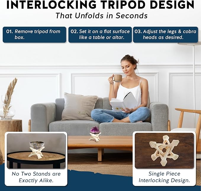 Alternative Imagination Wooden Tripod Stand - Display Stand For Home Decor, Abalone Shell, Jewelry Dish, Trinket Dish, Key Bowl, Crystal Ball and More - Natural, 4 Inches