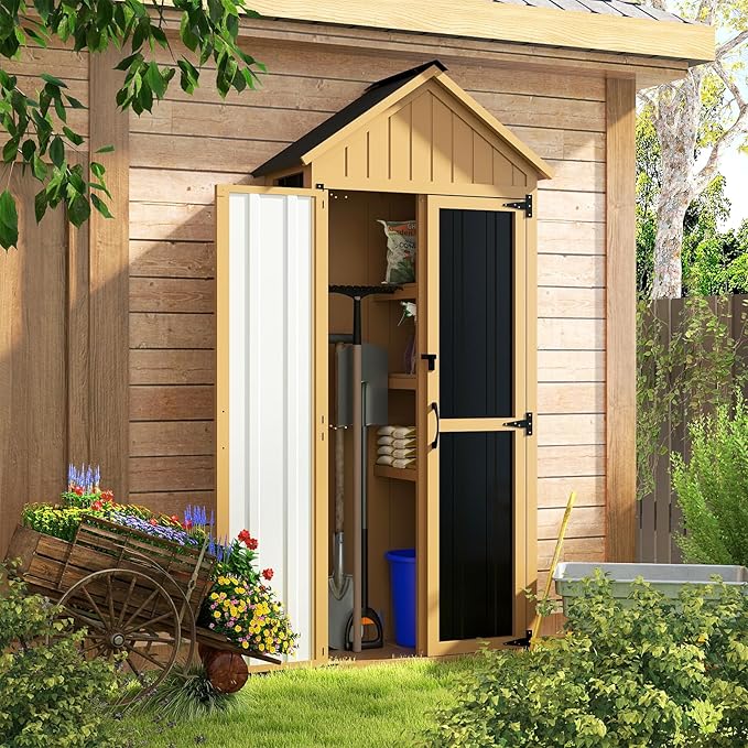 Outdoor Storage Cabinet with Shelf, Wood & Metal Storage Shed with Lockable Doors & Sloping Roof, Outdoor Cabinets for Patio Backyard, Garden Shed Tool Shed and Accessories, Brown
