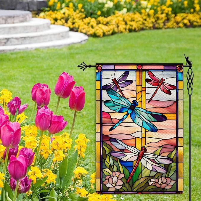 Spring Summer Dragonfly Garden Flag Stained Glass Style Flowers Garden Flag Vertical Double Sided Rustic Farmland Burlap Yard Lawn Outdoor Decor 12.5x18"