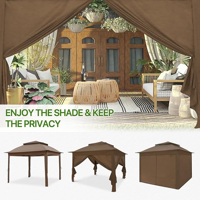 COOS BAY 11x11 Pop-up Instant Gazebo Tent with 4 Sidewalls Outdoor Canopy Shelter with Carry Bag, Stakes and Ropes, Brown