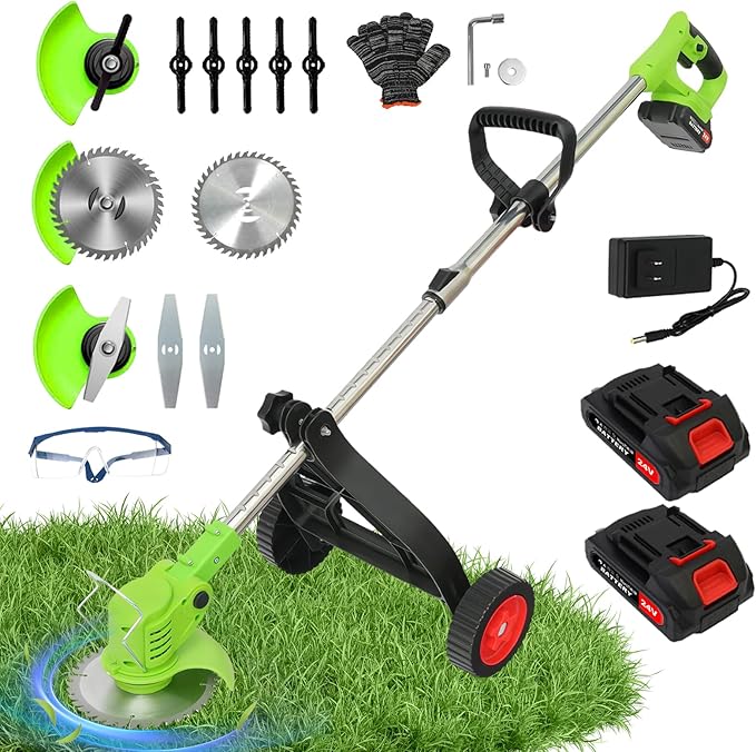 ALSO GO Cordless Weed Wacker, Electric Grass Trimmer with 2pcs 21V Batteries, 3 in 1 Stringless Trimmer, Battery Powered Lawn Edger with Wheels, Lightweight Brush Cutter for Garden Yard Lawn