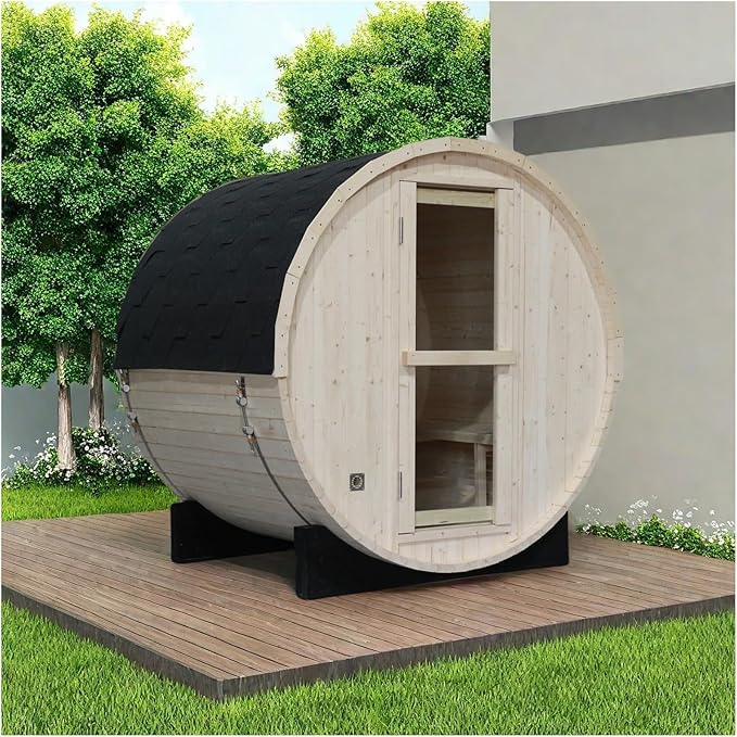 Outdoor Wood Steam Sauna, Canadian Pine Barrel Sauna Room for 3-4 Person with 4.5KW ETL Certified TOULE Heater, Rocks, 8mm Tempered Glass, Waterproof System