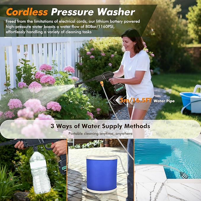 Cordless Pressure Washer Gun, 1160PSI Portable Pressure Washer Cordless, Portable Car Washer with 2 Battery&6-in-1 Nozzle&5m Hose Cordless Jet Washers Handheld Power Washer for Home/Yard/Fence/Garden