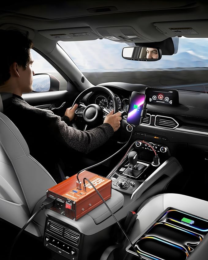 300W Car Power Inverter - DC 12V to 110V AC Converter with Fast Charging - 2 USB-A(18W), 2 USB-C(PD30W), and Cigarette Lighter Outlet Portable Car Charger