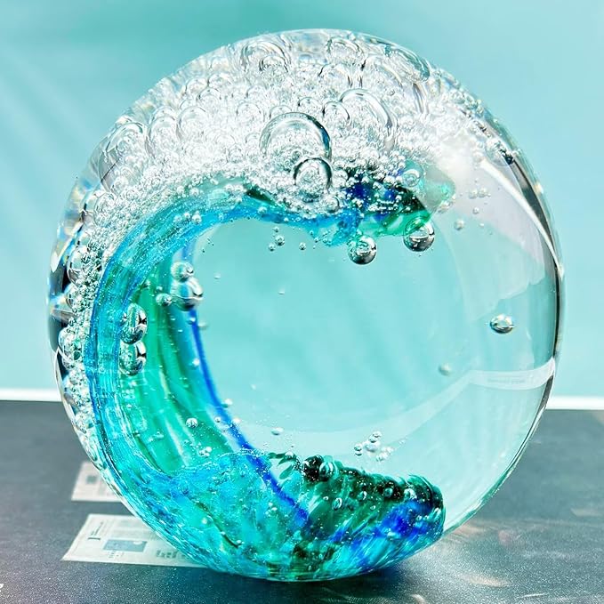 Decorative Crystal Ball Figurines Ocean Waves Paperweight Blown Glass Decor Sea Art Ocean Lovers Gift Blue Green 3.15"