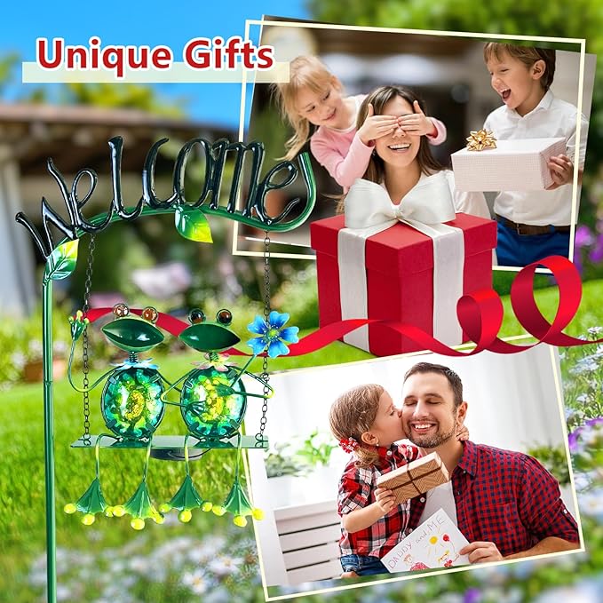 HONGLAND Outdoor Garden Solar Lights,Frog Swing Garden Decor,Frog Decorative Stake with Welcome Sign for Landscape Patio Yard (48 inch)