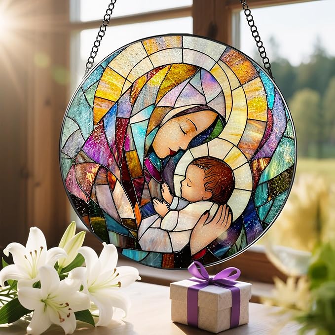 Baby Jesus and The Holy Mother Mary Sun Catcher, 8 Inch Stained Glass Window Hanging, Stained Glass Decor, Christian Home Decor, Christian Gifts for Women, Religious Gifts for Women
