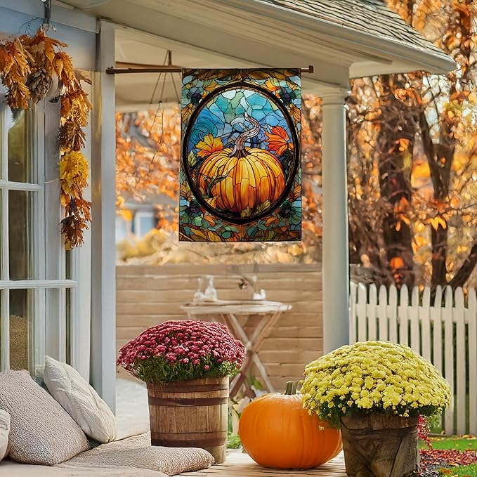 Garden Flags, Garden Flag, Stained Glass Style Pumpkin Maple Leaf Double-Sided Flags for Farmhouse Yard Outdoor Decoration-12 x 18inch (Pumpkin-3)