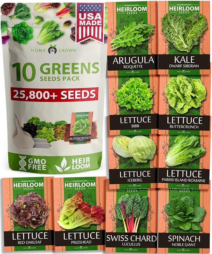 5,000+ Heirloom Lettuce Seeds for Planting Indoors - 95% Germination, Non-GMO Greens Seeds, (10 Varieties): Kale, Spinach, Butter, Romaine, Arugula & More - Lettuce Seeds for Hydroponic Home Garden