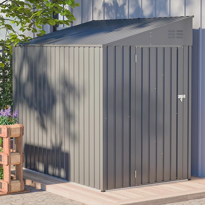 4x8 FT Outdoor Storage Shed,Lean to Lockable Metal Garden Shed Steel with Reinforced Beams,All Weather Waterproof Storage House W/Lockable Door,for Backyard,Patio,Lawn,Garden,Dark Gray