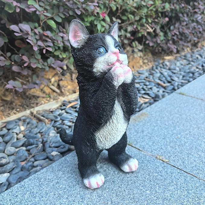 Playful Cat Statue Kitten Sculpture for Garden,Black & White Cat Figurine Decorative for Patio,Cute Outdoor Fairy Flower Bed Lawn Yard Ornament
