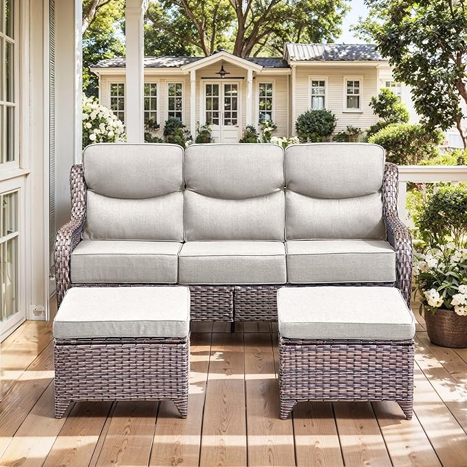 HUMMUH 7 Pieces Wicker Patio Furniture Set with Patio Swivel Chairs Set of 4,High Back Outdoor Sofa Ottomans,6 Inch Thick Cushions Outdoor Conversation Set for Porch, Balcony, Deck