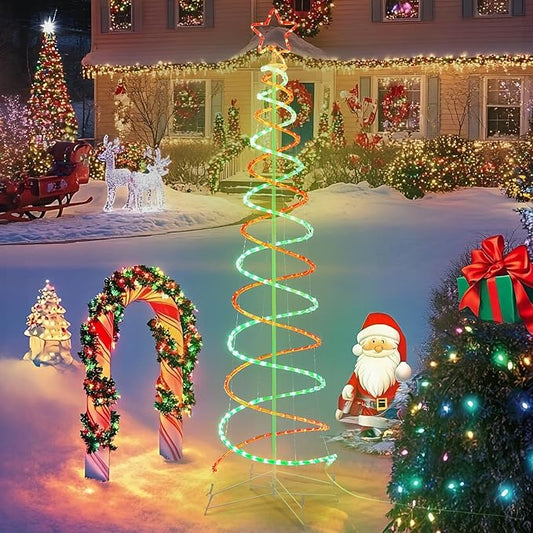 Double Spiral Christmas Tree Light Outdoor, Outdoor Light Up Christmas Tree with 8 Mode Controller, 120V Plug&Play ETL Waterproof for Xmas New Year Yard Garden, Red&Green, 7FT