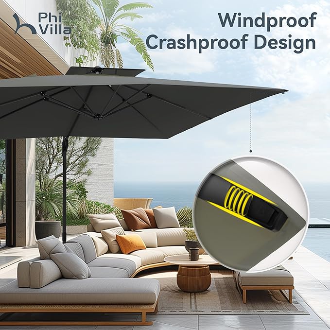 PHI VILLA Cantilever Patio Umbrella with Base, 9' X 12' Outdoor Large Rectangluar Umbrellas with 360°Rotation, Heavy Duty Hydraulic Double Umbrella Windproof for Outside, Deck, Garden, Porch, Grey