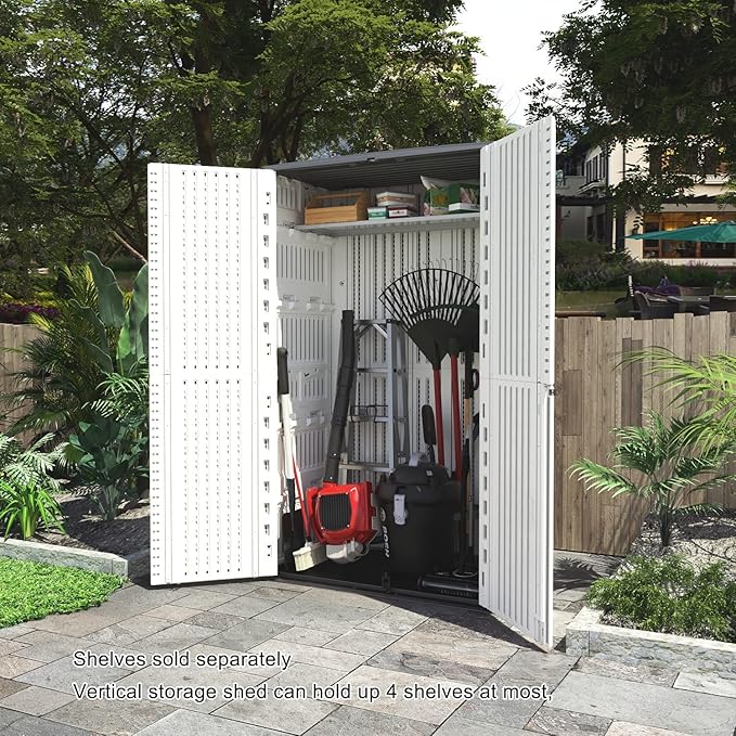 KINYING Outdoor Storage Shed Waterproof, Resin Vertical Storage Cabinet Double-Layered, Versatile to Store Patio Furniture, Garden Tools, Pool Accessories,Mower (66 Cu.ft,White)