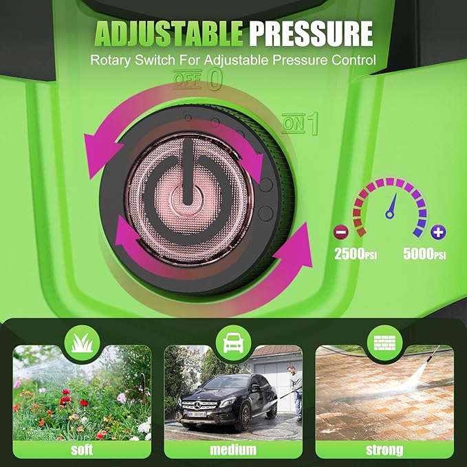 Adjustable Pressure Cleaner with 33FT Flexible Extension Hose + 34FT Power Cord, 4 Nozzles, Foam Cannon, Best Power Cleaner for Cars, Patios, Driveways, Green