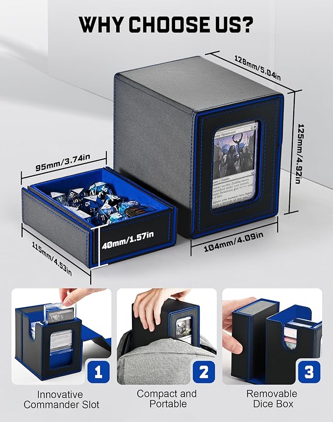 ZLCA MTG Commander Deck Box with Display Window,Deck Box Holds 100 Double-Sleeved with Dice Tray & 35pt Magnetic Card Holder（Black& Blue）