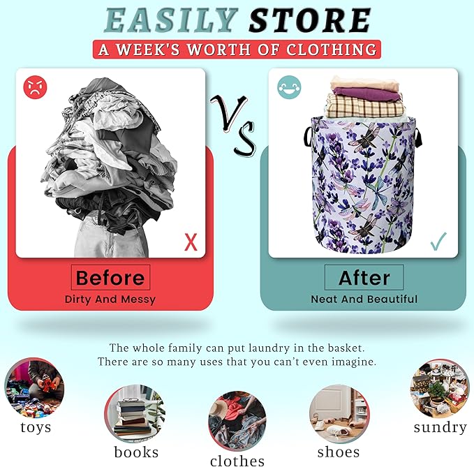 Dragonfly Laundry Basket Foldable With Handles Purple Floral Tote Bag Oxford Cloth Colorful Laundry Hamper Clothes Storage Bucket Toy Organizer For Bathroom/Laundry/Bedroom 18.9" x 16.5 "