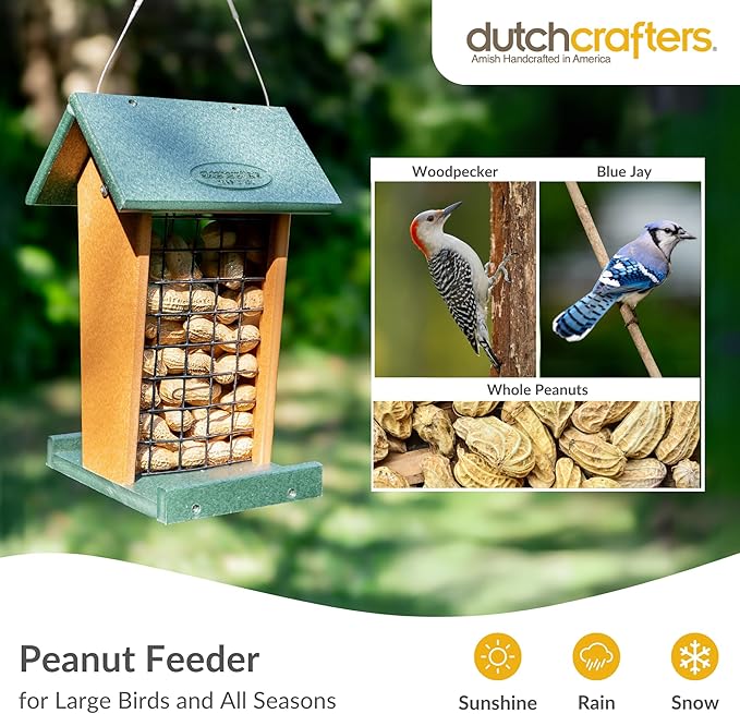 DutchCrafters Plastic Poly Hanging Whole Peanut Bird Feeder for Large Birds, Woodpeckers, Crows, Blue Jays for Outdoor, Garden, Yard - USA Amish Made (Turf Green & Cedar)