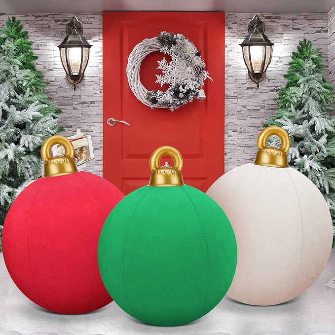 Jetec 3 Pcs 32 Inch Giant Velvet Christmas Inflatable Balls Ornament Flocked Xmas PVC Inflatable Flocked Ball Ornaments for Christmas Holiday Outdoor Blow up Yard Decor(Red, Green, White)