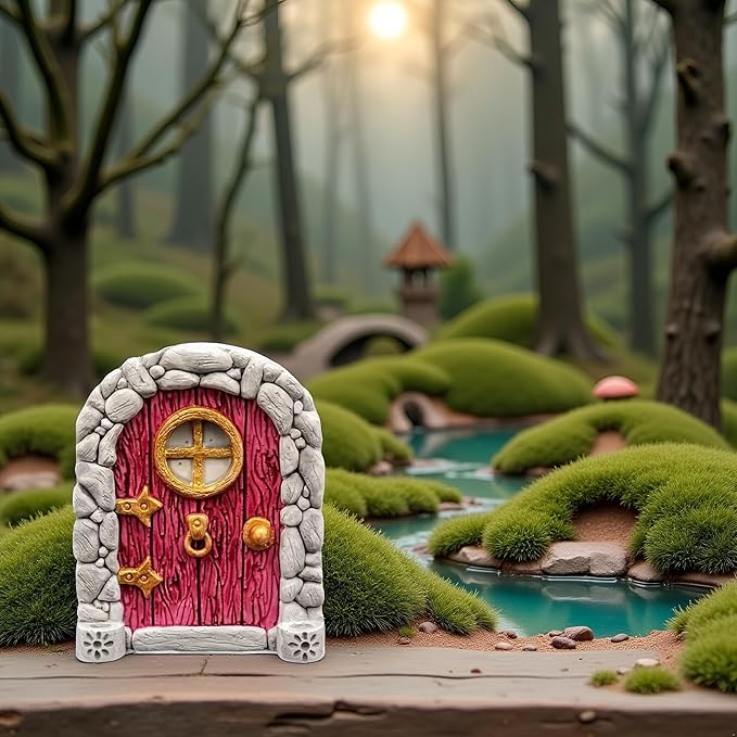 Red Mini Fairy Garden Door for Tree, 3D Miniature Fairy Door for Fairytale Tiny House Doors, Bonsai Terrarium Micro Landscape Decoration Accessories Garden Miniatures