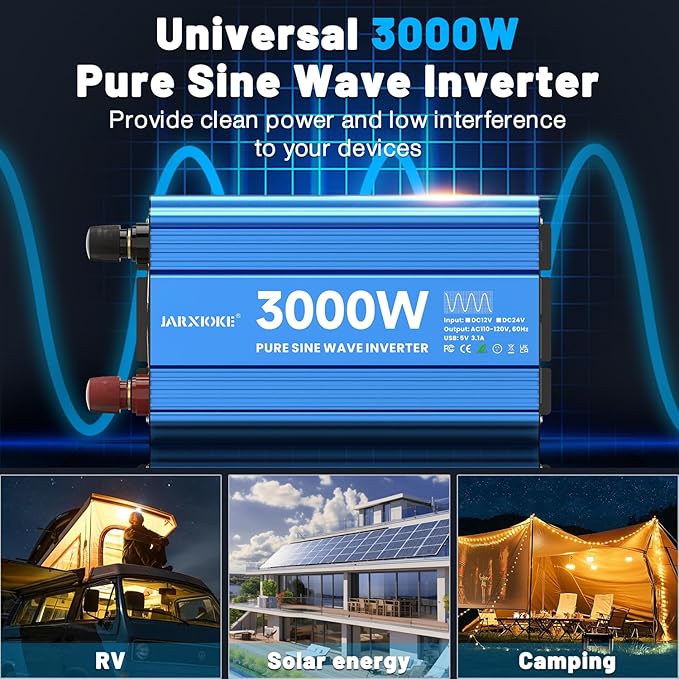 3000 Watt Pure Sine Wave Power Inverter 12V DC to 110V 120V Converter for Home, RV and Off-Grid Solar Systems with 3 AC Outlets, Dual USB Ports, LCD Display and Remote Control