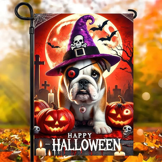 Hello Halloween Garden Flag One-eyed French Bulldog Dog Pumpkins Double Sided Vertical Seasonal Autumn Outdoor Yard Lawn Decorations Banner 12 x 18 Inch English Bulldog Witchy Halloween Flag