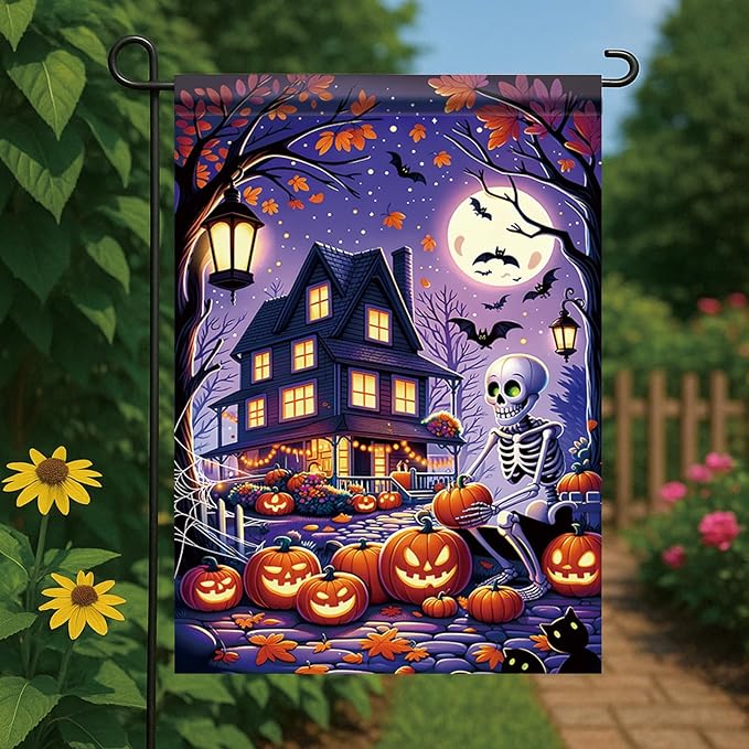 Halloween Garden Flag Skeleton Flag 12x18 Inch Haunted House Pumpkin Yard Banner Double Sided Outdoor Spooky Decor for Lawn Porch Patio Trick or Treat Holiday Seasonal House Decoration