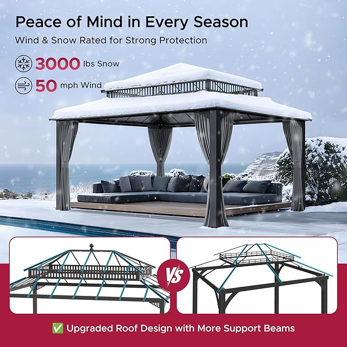 SUNJOY Kingston 16' x 12' Hardtop Gazebo with Galvanized Steel/Polycarbonate Double Roof, Curtain and Netting, Gray Aluminum Posts Permanent Pavilion Gazebo for Garden, Patio, Deck, Lawn