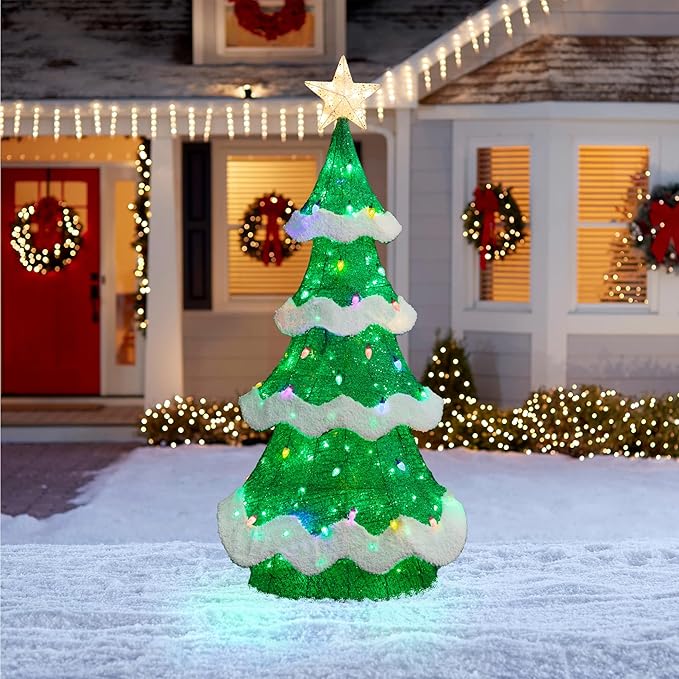 Glitzhome 6FT Outdoor Lighted 3D Christmas Tree, Large Mesh Christmas Tree Holiday Yard Decoration with Colorful Bulbs and 261 Green LED Lights, for Xmas Lighted Holiday Display Indoor Outdoor