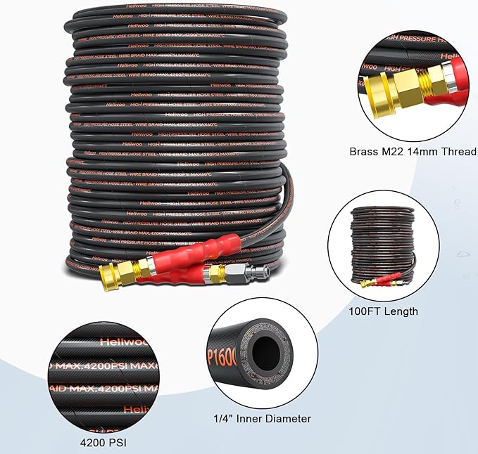 Pressure Washer Hose 100FT 1/4" for Cold & Hot Water (Up to 140℉) 4200 PSI Kink Resistant Industrial Grade Steel Wire Braided QC Ends with 3/8" Adapters for Professional and Home
