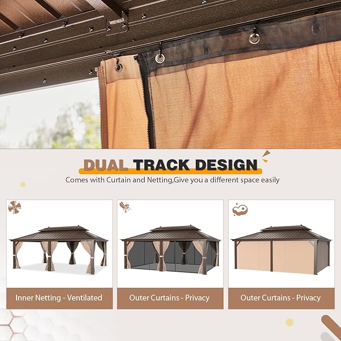 EROMMY 12'x20' Hardtop Gazebo Double Roof Galvanized Steel Canopy Outdoor Aluminum Frame Permanent Metal Pavilion with Netting and Curtains for Patio Backyard Deck and Lawns