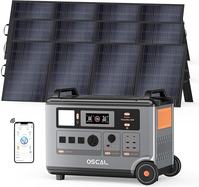 OSCAL 3600Wh Solar Generator PowerMax 3600 with 3x400W Panel, Solar Power Station with 4 AC Outlets (6000W Peak), 1.2H Full Charging, APP Control Emergency Power Station for Home, Camping & RVs