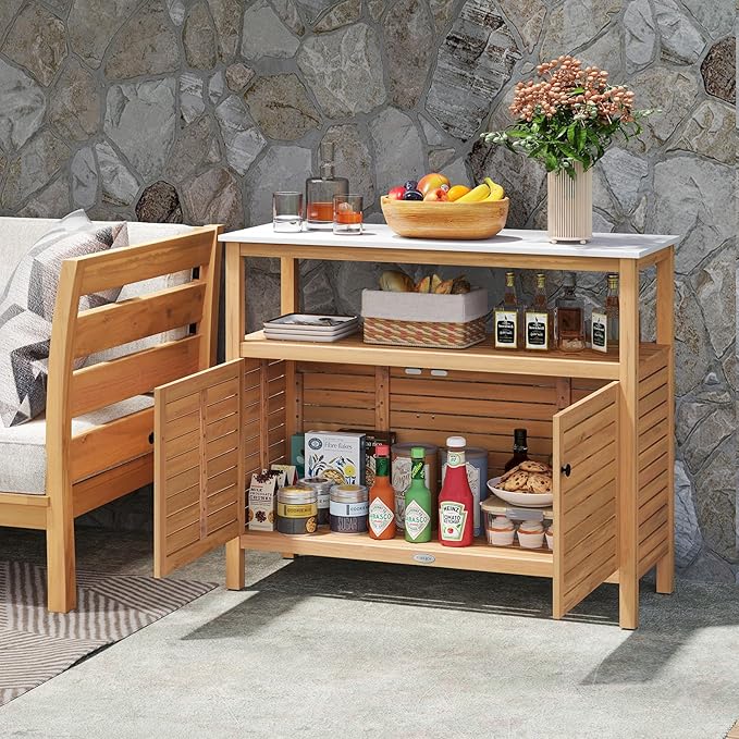 Goplus Patio Storage Cabinet, Outdoor Acacia Wood Buffet Cabinet with Marble-Like Countertop, Open Shelf & 2 Doors, Sideboard Organizer for Outdoor Kitchen, Garden, Backyard
