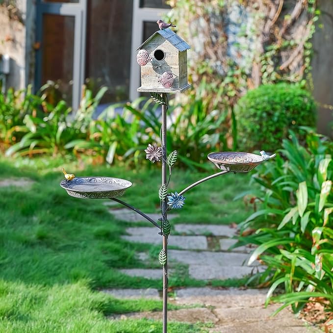Bird House for Outside with Stake & Bird Feeder/Bath Bowl - Free Standing 3 in 1 Bird Feeder Tray, Bird Bath Bowl, Birdhouse for Outdoors on Pole Garden Yard Deco - 69" H