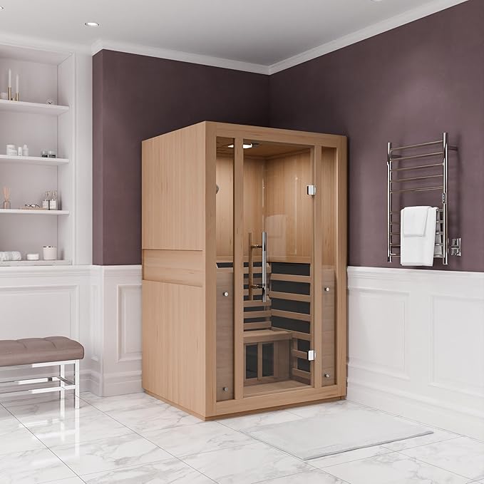 SteamSpa 1-2 Person Low EMF Carbon FAR Infrared Hemlock Wood and Tempered Glass Indoor Home Sauna Room with Redlight Heating Tube, LED Touch Control Panel, Color LED Therapy Light, Bluetooth Speaker
