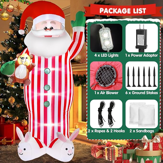 Christmas Inflatable Santa Claus Outdoor Decorations 8ft Giant Blow Up Yard Striped Santa Inflatables Cute Xmas Winter Blowups Led Lights Decor Rabbit for Holiday Vacation Outside Lawn
