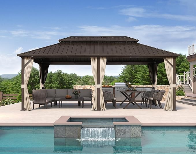 PURPLE LEAF 12’ X 20’ Outdoor Hardtop Gazebo Metal Frame Galvanized Steel Double Roof with Curtains and Nettings for Patio Desk Backyard Bronze