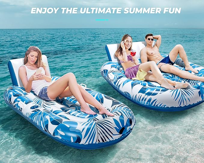 Pool Floats Adult 1-2-3 Person Inflatable Lounger, Extra Large Tanning Recliner Floaty Chair Raft with Backrest, Footrest, Cup Holder for Pool, Lake, River, Beach, Ocean & Party Use