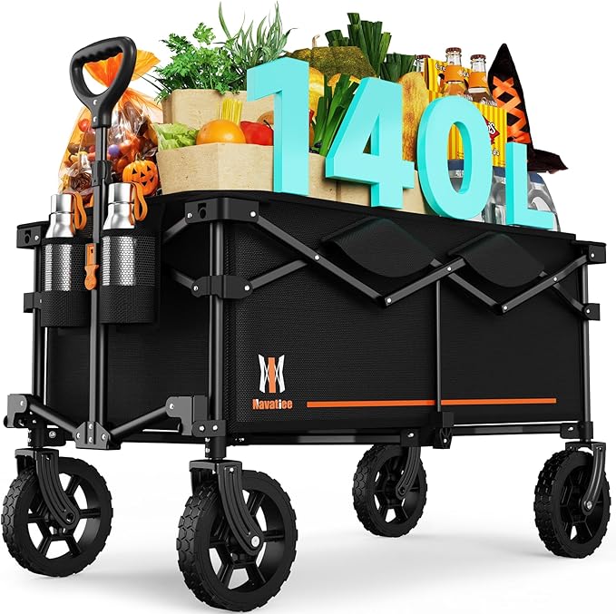 Navatiee 140L Collapsible Folding Wagon, Large Capacity Foldable Wagon with Silent All-Terrain Wheels, Utility Grocery Cart for Camping Shopping Outdoor, Black