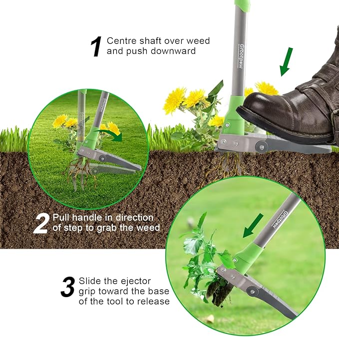 WP5 Weed Puller Tool, Stand Up Dandelion Weeder with 40" Handle, 3 Claws & Fiberglass Foot Pedal, Weeding Tool Made with Cast-Iron, Easily Remove Weeds Without Bending or Kneeling