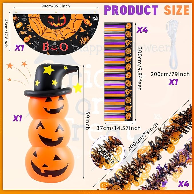 Hungdao 5ft Halloween Inflatable Pumpkin Halloween Golf Cart Decorations Kit PVC Blow Ups Pumpkins Tinsel Garlands Tinsel Streamers Fan Flag, Reusable Outdoor Decoration for Parade Yard