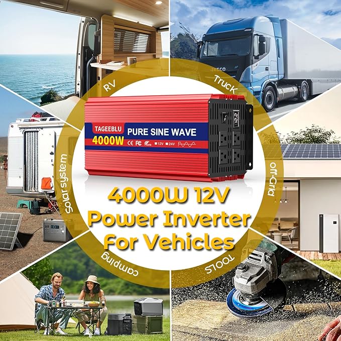 4000W Pure Sine Wave Inverter, 12V DC to 110V/120V AC Power Inverter for RV、Off Grid with 2 AC outlets and LCD Display